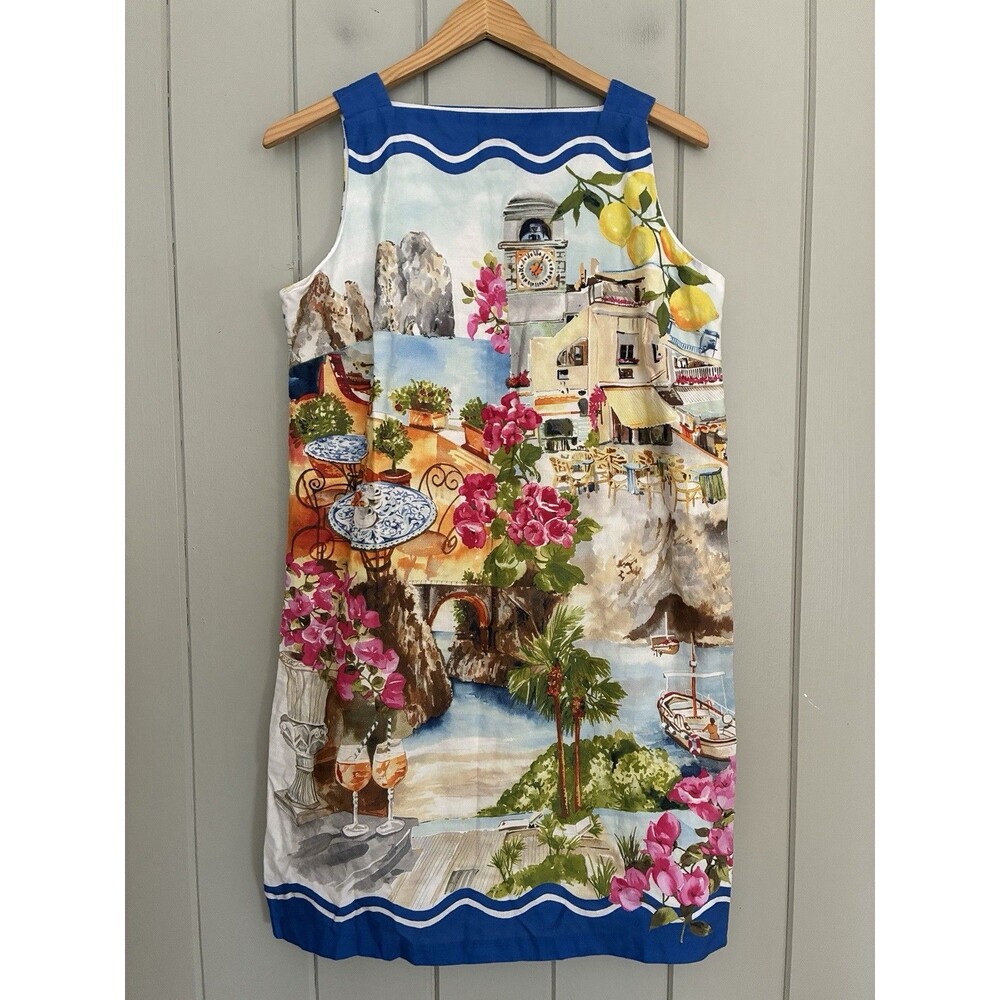 Talbots Mediterranean Coastal Scene Linen Blend Shift Dress Blue White 12P